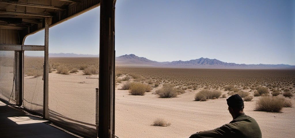 Side view of a 35 year old man, sitting in a chair, at the foot of the steps leading to the door of an old airplane hangar, in the Mojave Desert, looking at the horizon