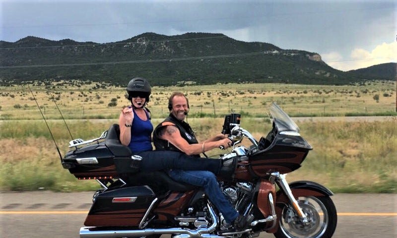 Author and friend cruising through New Mexico on his Harley.