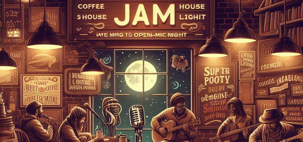 Illustrated image of an old coffee house hosting an open-mic night with a stage full of musicians and the full moon shining through the window