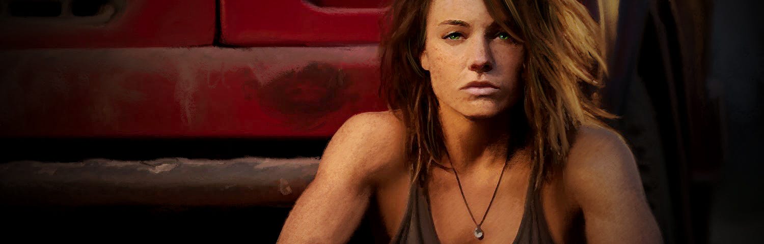 Digital painting with a warm palette of a young butch woman with long brown hair and freckles in a tank top sitting in front of an old red truck.