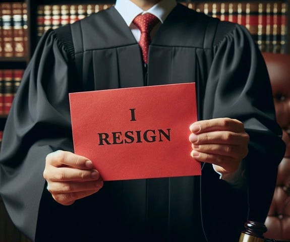 A judge is handing his resignation. DALL E