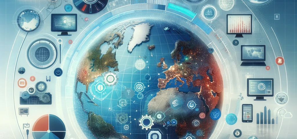 Conceptual image depicting the future of remote work, featuring a digital globe surrounded by icons of various industries such as technology, finance, and healthcare. The globe is interspersed with digital communication tools like laptops, smartphones, and virtual meeting screens. Subtle imagery of both urban and rural landscapes is integrated, symbolizing the widespread distribution of remote work. The image has a futuristic and optimistic tone, with a professional yet engaging color palette.
