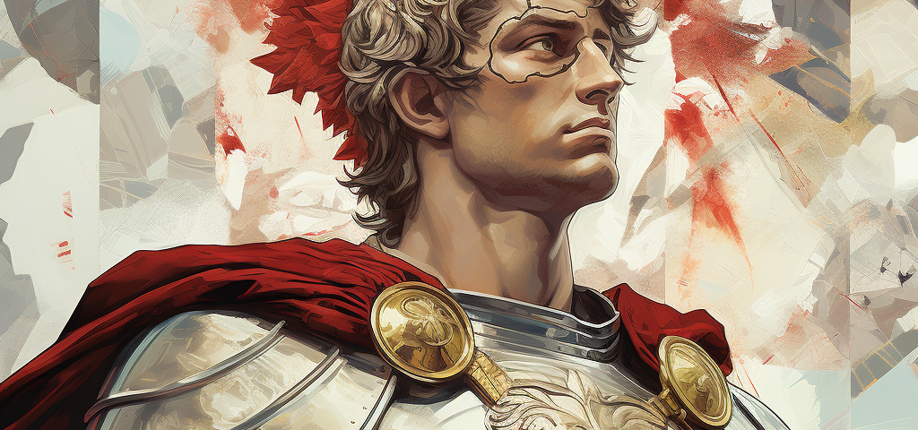 An image of Alexander the Great created with AI. He stands proudly in armour and a red cape, staring into the distance.