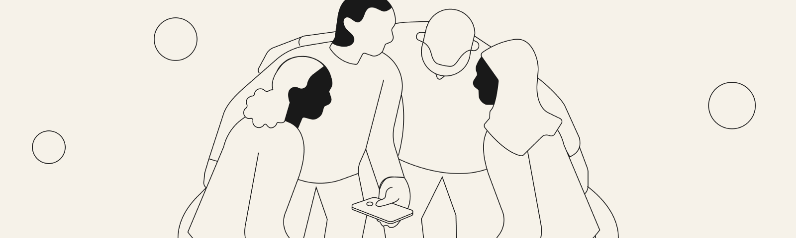 An illustration of a diverse group of people standing together looking at a smartphone.O