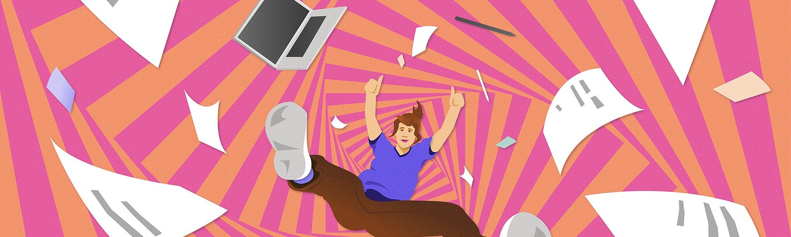 A person looks confident and gives two thumbs up as they and their laptop are sucked into the center of a pink-and-orange vortex of swirling papers.