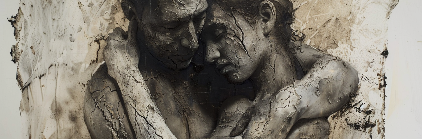 Abstract artistic sculpture of two figures embracing, their textures resembling cracked clay.