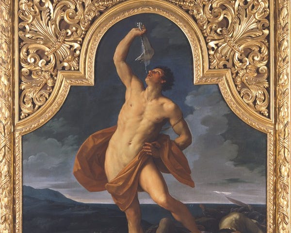 IMAGE: A classical, XVII century painting, “Sansone vittorioso”, depicting Samson raising the jawbone of an ass after defeating many of his enemies