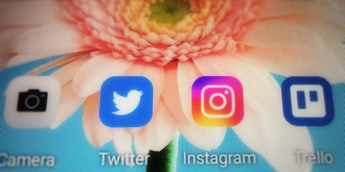 Close up of a tablet home screen showing icons for Twitter and Instagram.