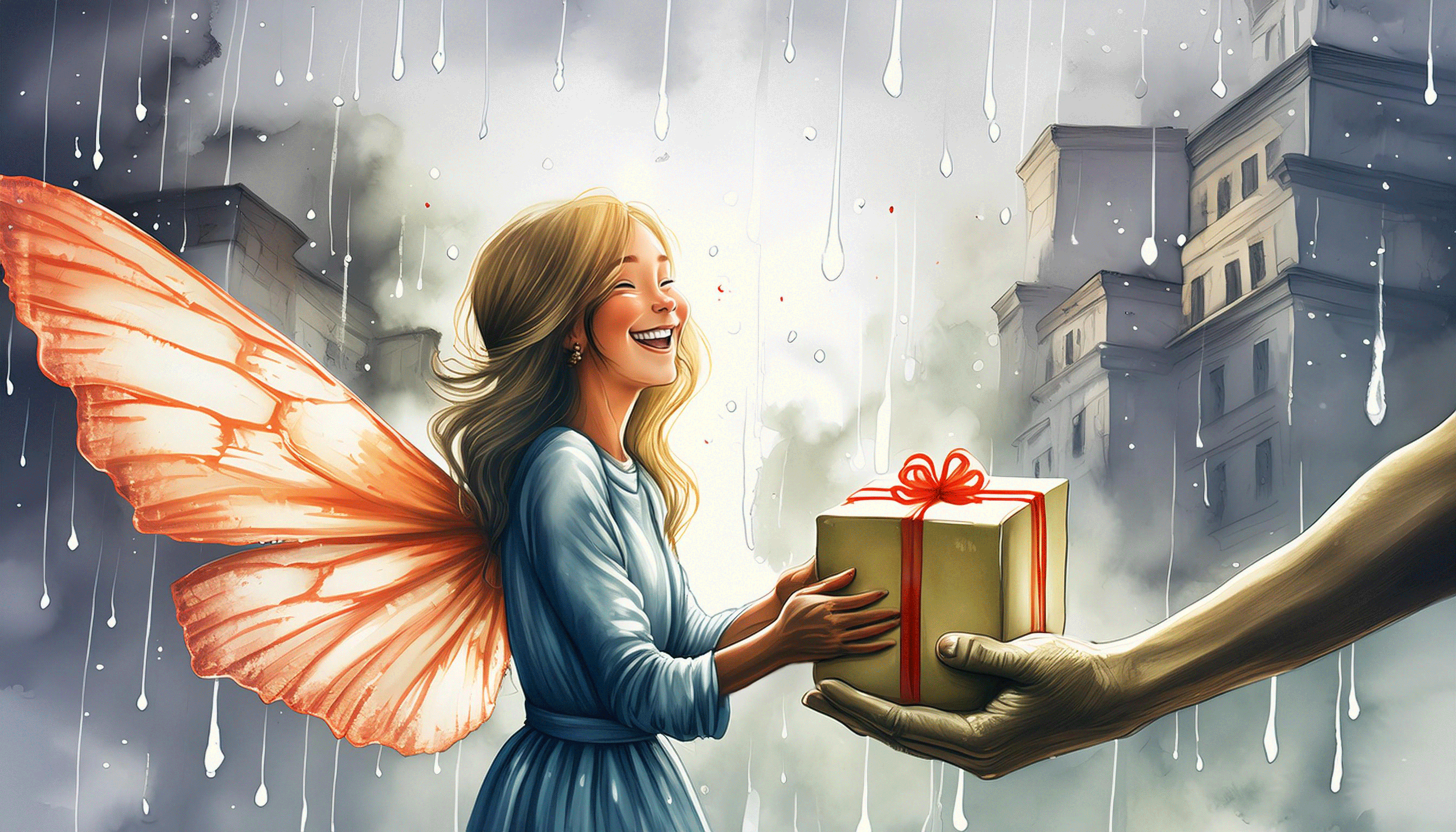An image of a happy-looking fairy giving a present to an outstretched hand, the picture changes to a mischievous-looking fairy giving a present to an outstretched hand and then quickly reverts back.