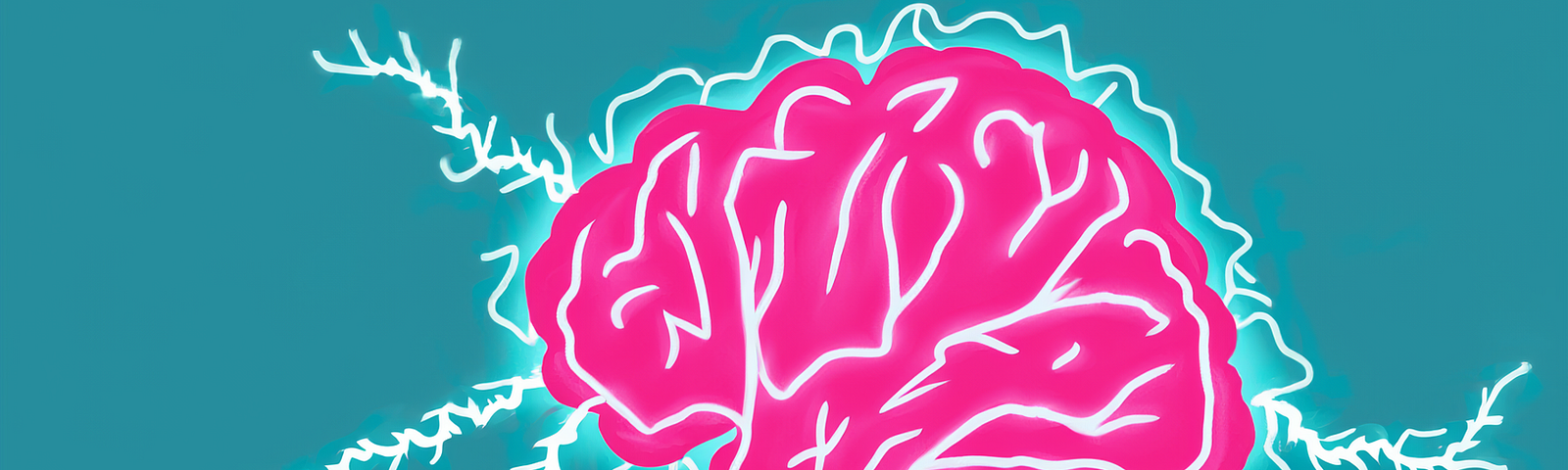 Illustration of a pink brain with electricity shooting out of it on a teal background.