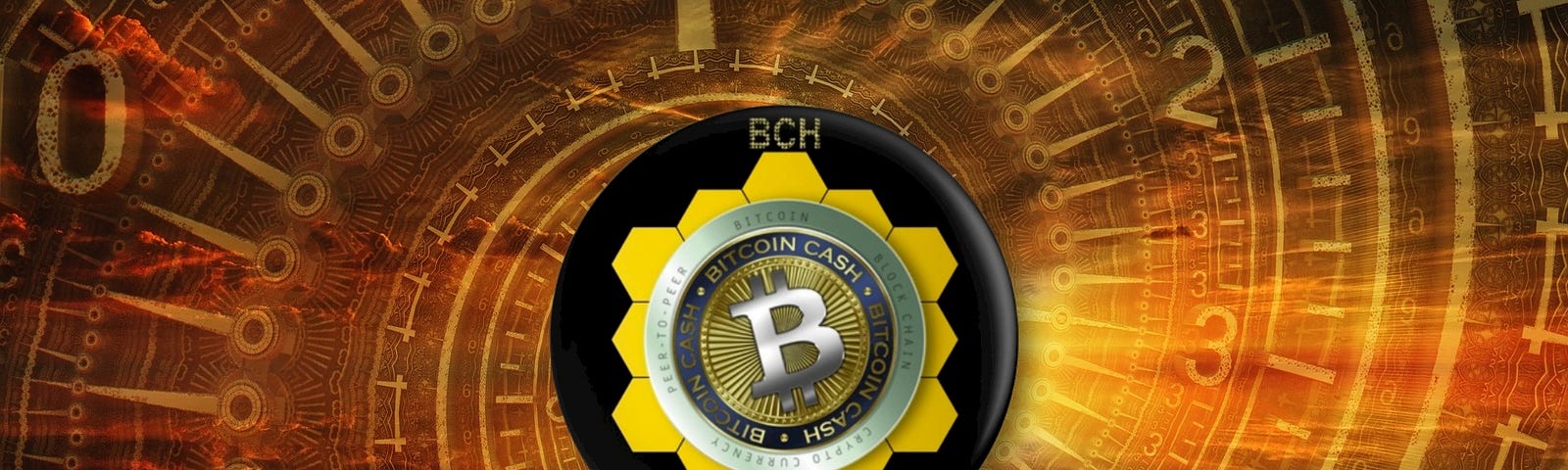 Background: a Sprial clock with brown color. In the middle I added a custom made logo of Bitcoin Cash.