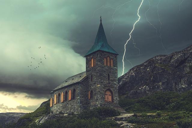 Church on a rocky outcrop with storm and lightning