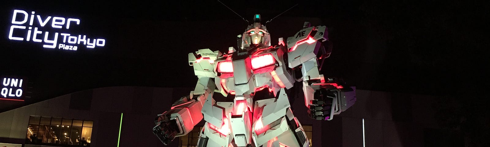 The night view of the Life-Sized Unicorn Gundam Statue at Odaiba, Tokyo