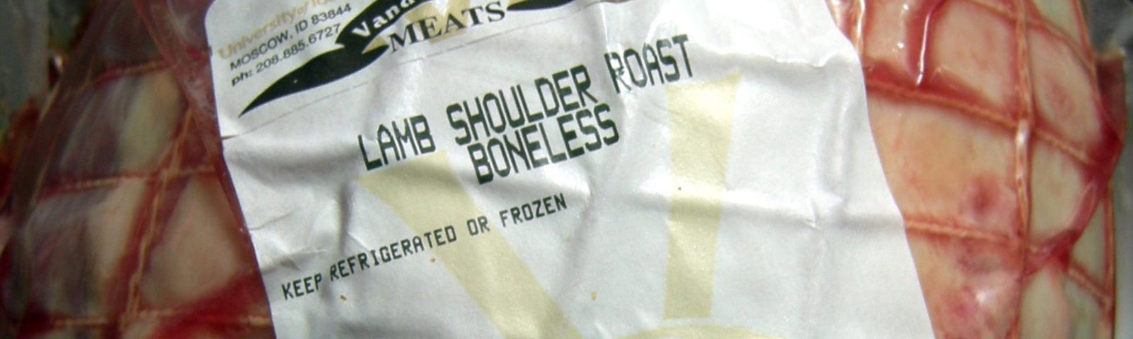 A plastic wrapped boneless lamb shoulder roast with a label saying Vandal Brand Meats wighing 4.15 pounds for $2.99 a pound for a total price of $12.41.