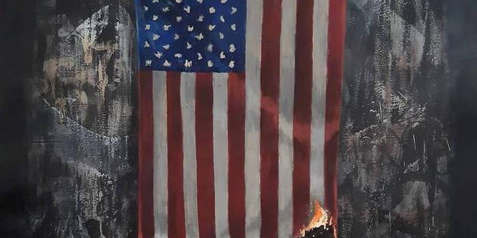 Banksy’s tribute to George Floyd (American flag lit by a candle at a memorial for an anonymous black silhouette)