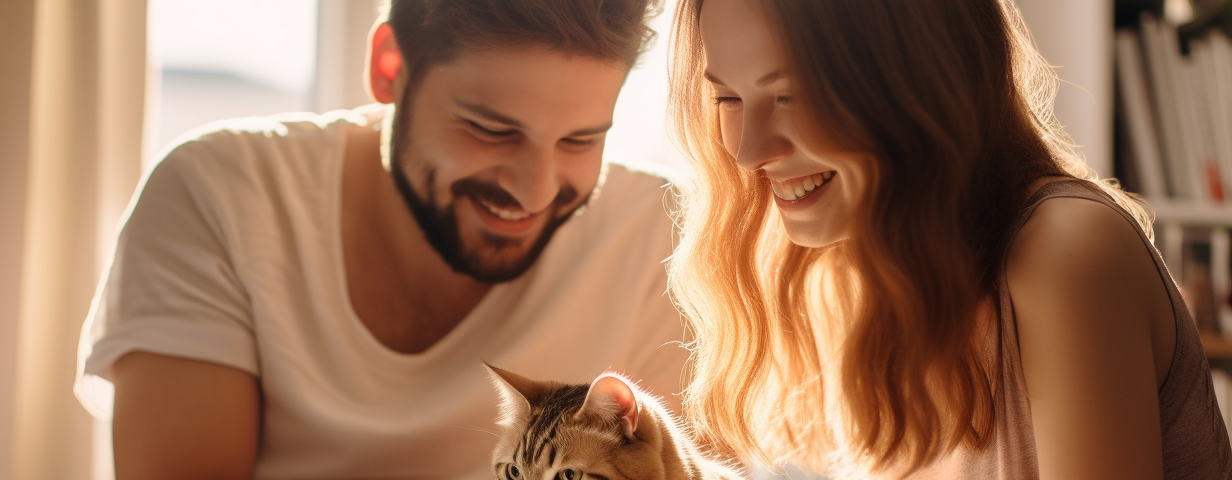 A young couple playing with a cat with a paper box.