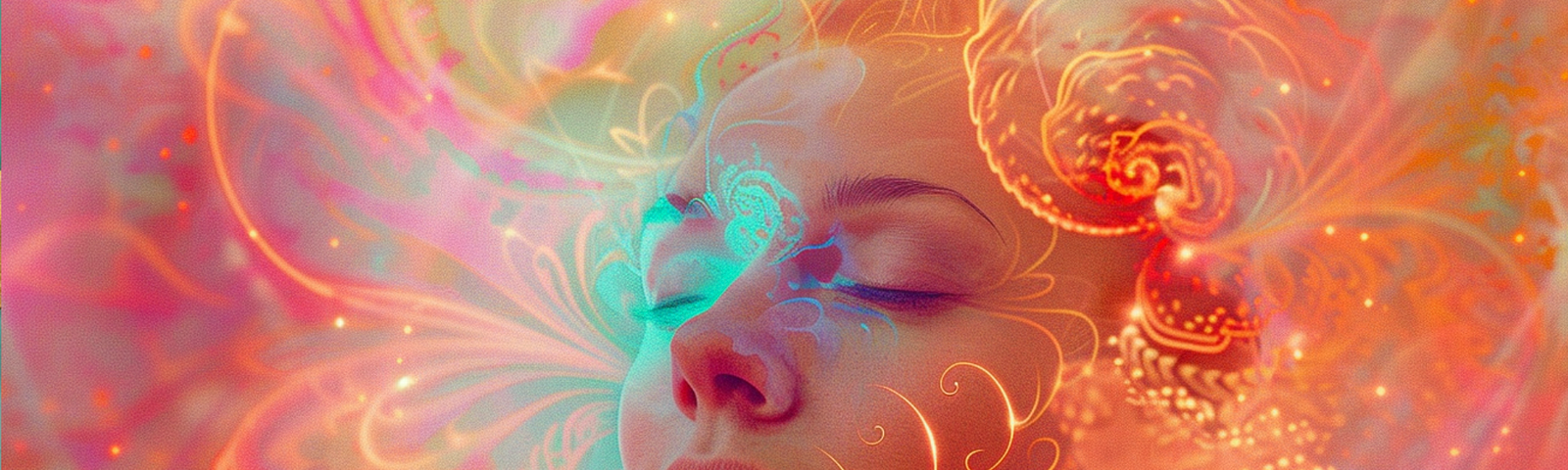 A woman with eyes closed contemplates her Oversoul; hues of pink, orange, gold and turquoise swirl around her head.