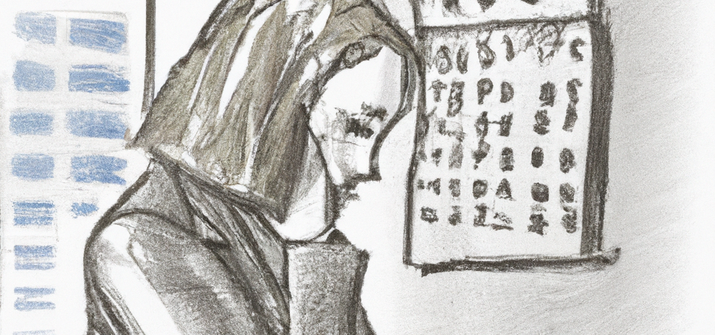 A pencil drawing of a sad person looking at a calendar on the wall.