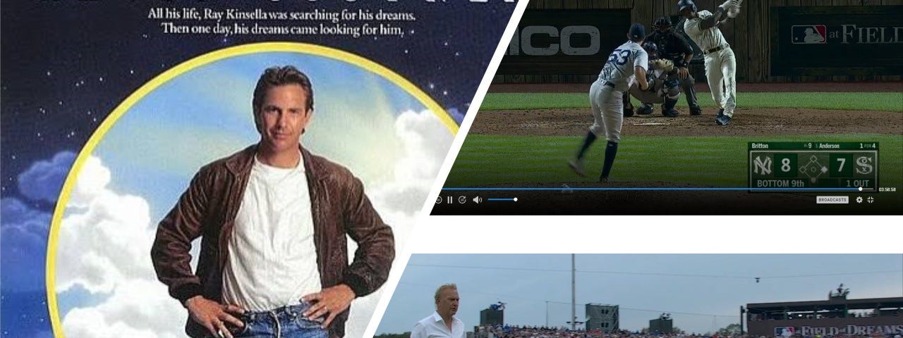 Field of Dreams Collage including Kevin Costner movie cover, Kevin Costner before the game, and Tim Anderson’s Walk-off HR.by the Author