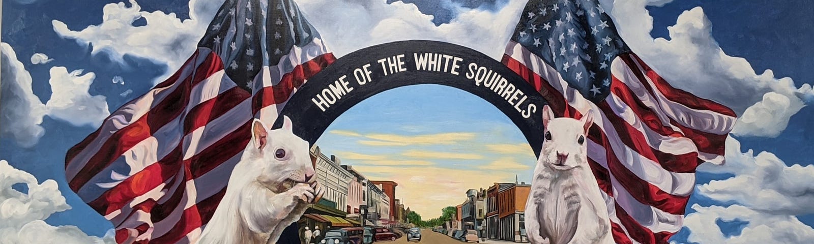 This is a sign of two white squirrels in Olney, Illinois.