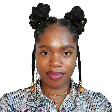 Black woman with two buns on top of her head and twists hanging down on either side