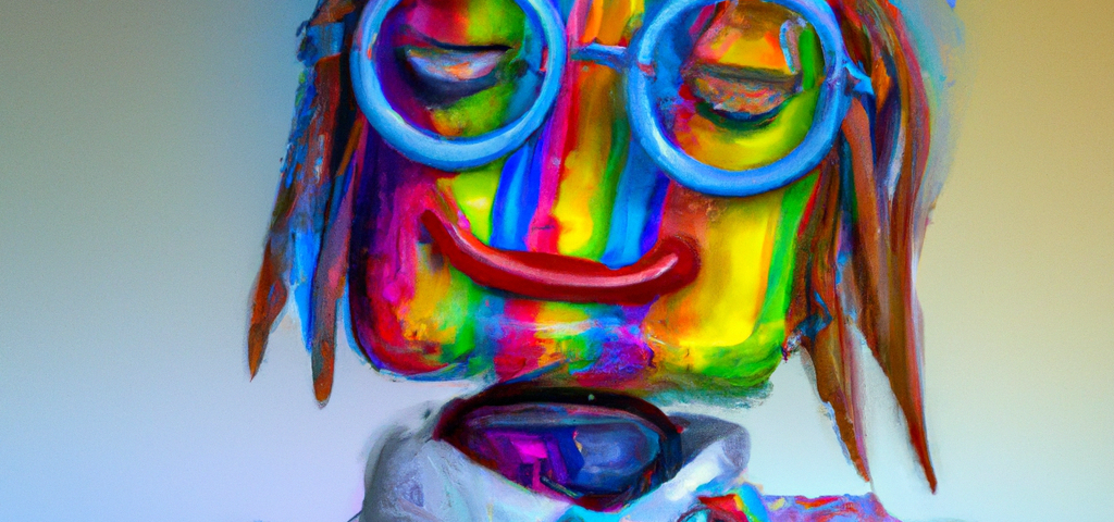 An artificial intelligence robot with a tie-dye colored face, hippie eyeglasses, and a large red heart symbol on its chest.