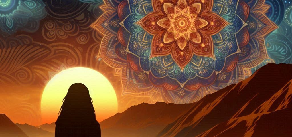 Back silhoutte of a woman meditating on top of a hill with a risign sun and mandala in the sky