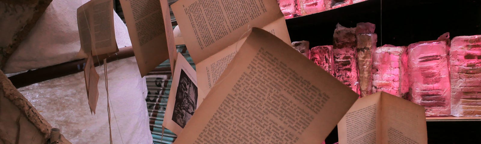 Details of an art installation, with book pages suspended in the foreground.