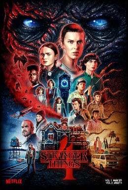 A dark graphic with a dark black monster with big glowing eyes. Around it are the characters from Stranger Things and tentacles around them. Fan, Stranger Things, Critic, TV, Stream, Science Fiction, Upside Down, Monsters, Trauma, kids, YA, TV Shows, Youth, demigorgon.