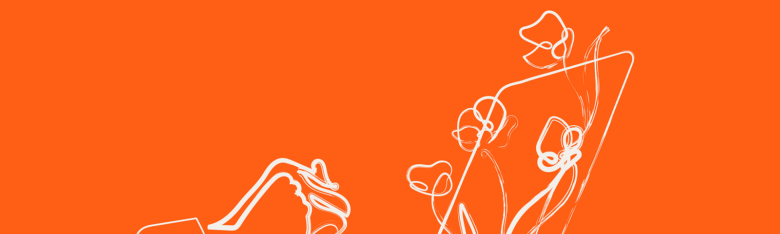 orange background with white, thin single line art image of hands on a laptop keyboard and flowers coming out of the monitor