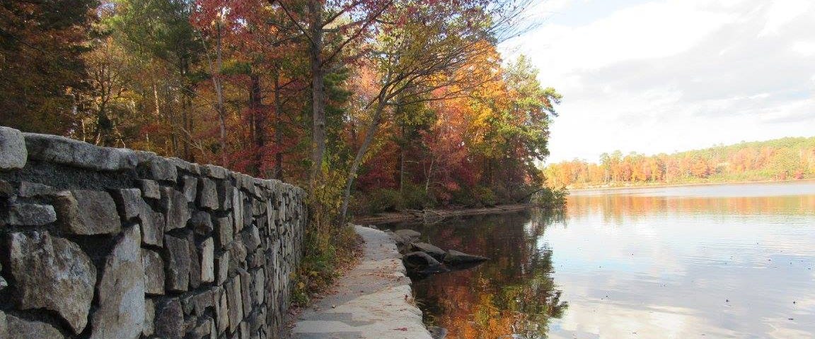 A path along the water leads to a forrest filled with autumn trees