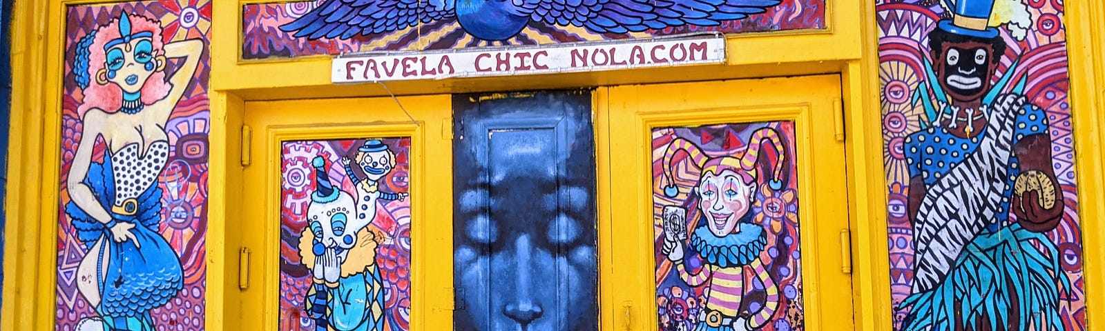 This shows some colorful artwork on doors in New Orleans.