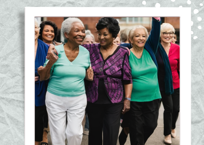a group of older women walking together and celebrating