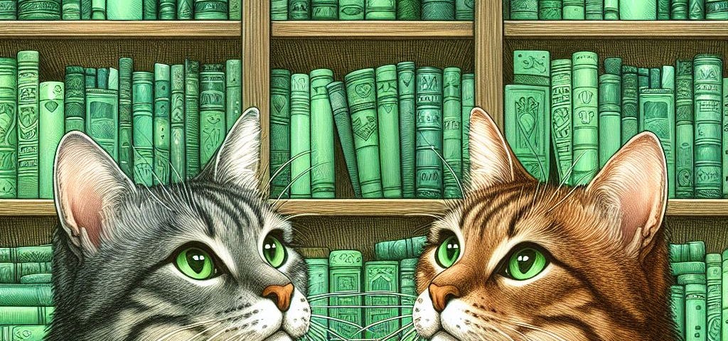 a drawing of two tabby cats looking lovingly at each other in front of a bookshelves filled with all-green books