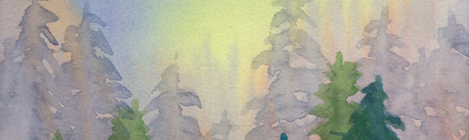 Painting with fir trees near and far.