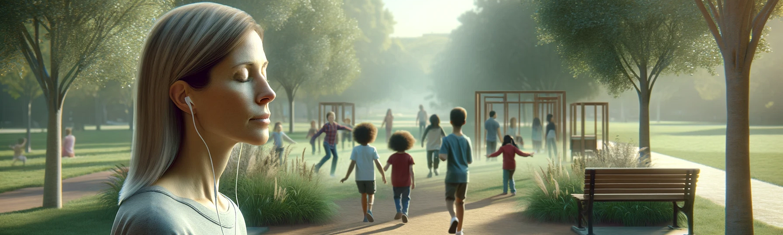 A serene park setting with children playing in the background. A woman stands in the foreground, eyes closed, listening to the surroundings. The atmosphere conveys a sense of community and connection, reflecting her new perspective on collaboration.