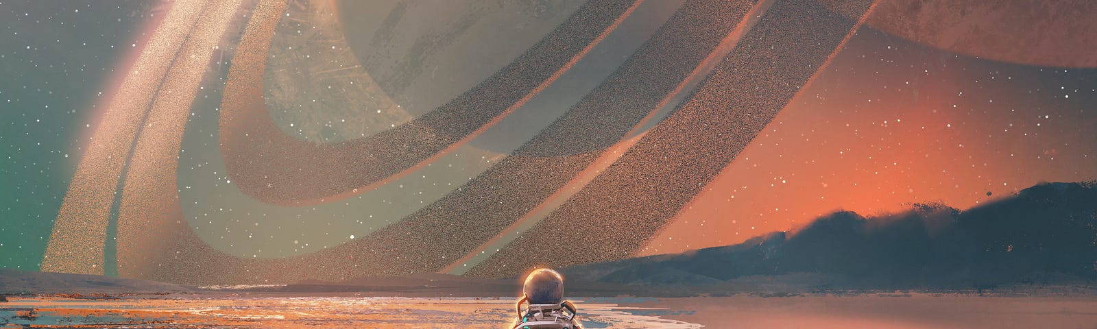 Image: Figure in a space suit on a beach, looking up at a ringed planet on the horizon.