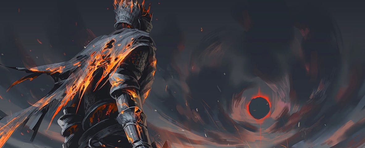 Image: A figure in tattered, burning black clothes and a black crown that comes to molten red-orange points holds a flaming sword, staring up into the dark clouds and an eclipsed sun.