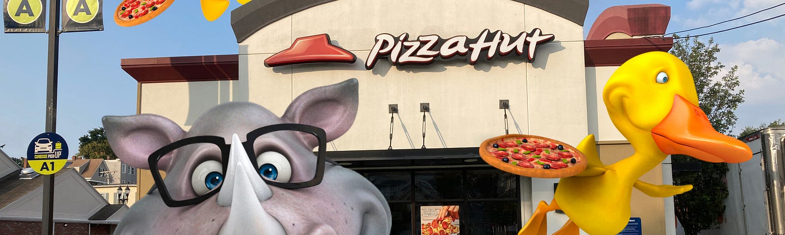 AI-generated cartoon animals in front of a Pizza Hut restaurant in Everett, MA.