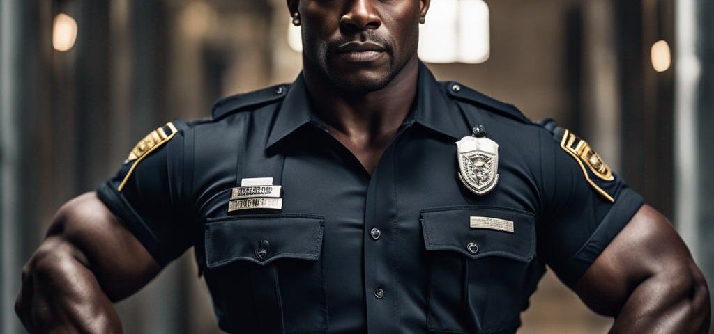 A dark-skinned, very muscular Black man in a police uniform stands with arms akimbo