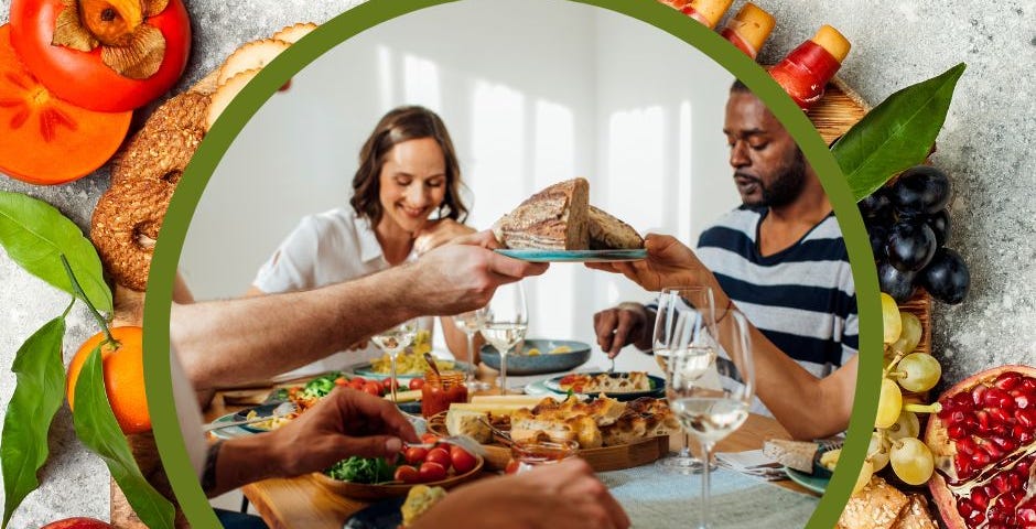 People eating superimposed over a picture of fruits and veggies