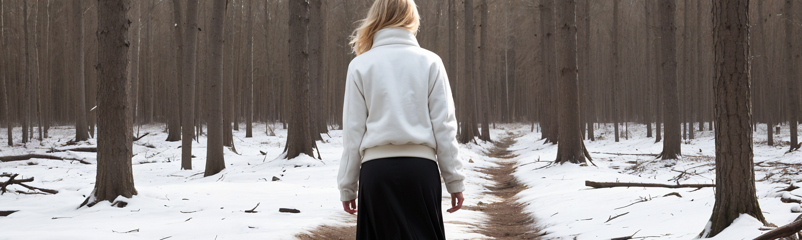 Blonde woman wearing a white fleece jacket and a long black skirt. She’s walking in a forest. It’s a bit sunny but there are some remains of snow on the ground.
