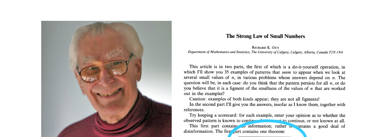 A picture of Richard K. Guy who humorously stated the strong law of small numbers. Beside Guy’s picture is a reference to his original scientific article on the topic.