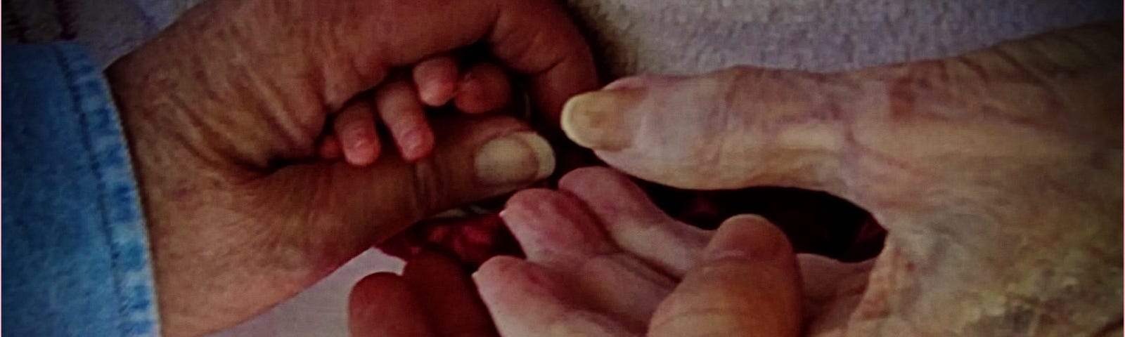 Four generations of hands holding Great Grandma, Grandma, Mom, and baby daughter.