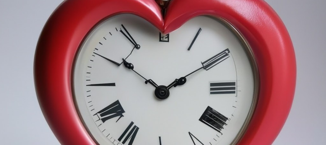 Heart-shaped red clock showing the permanence of love but finality of time