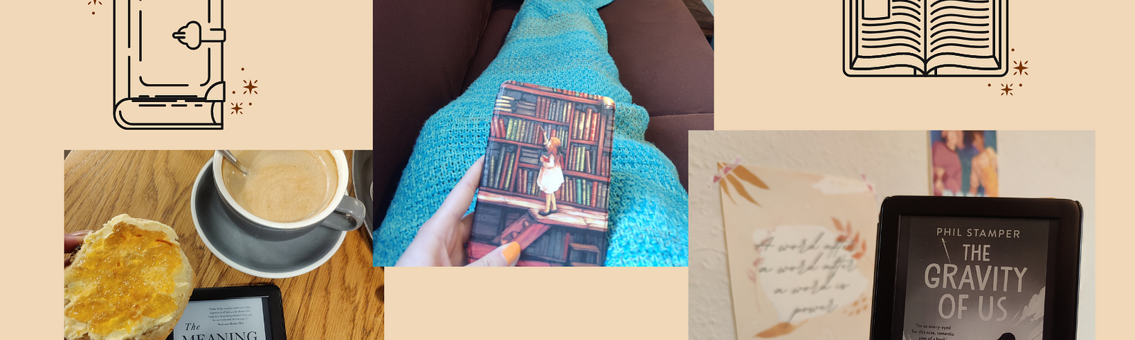 Photo collage showing a Kindle e-reader held, or on a table next to a cup of coffee, on a yellow background with small book doodles scattered around.