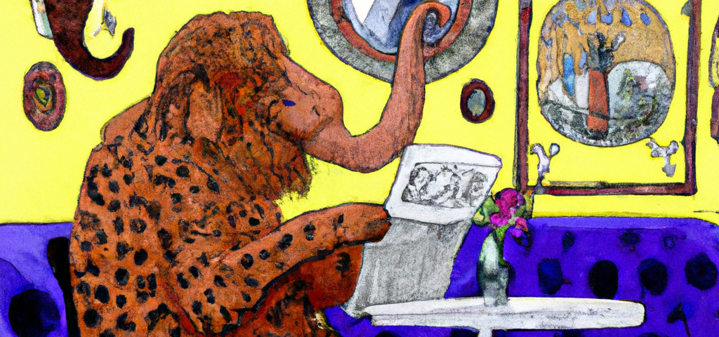 A mastodon reading a newspaper at a cafe in the style of Gustav Klimt