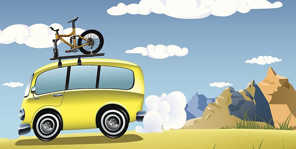 Illustration of VW Bus with bicycle on top driving through the American Southwest (Chris Alcantara/Getty Images/Vetta — all rights reserved)