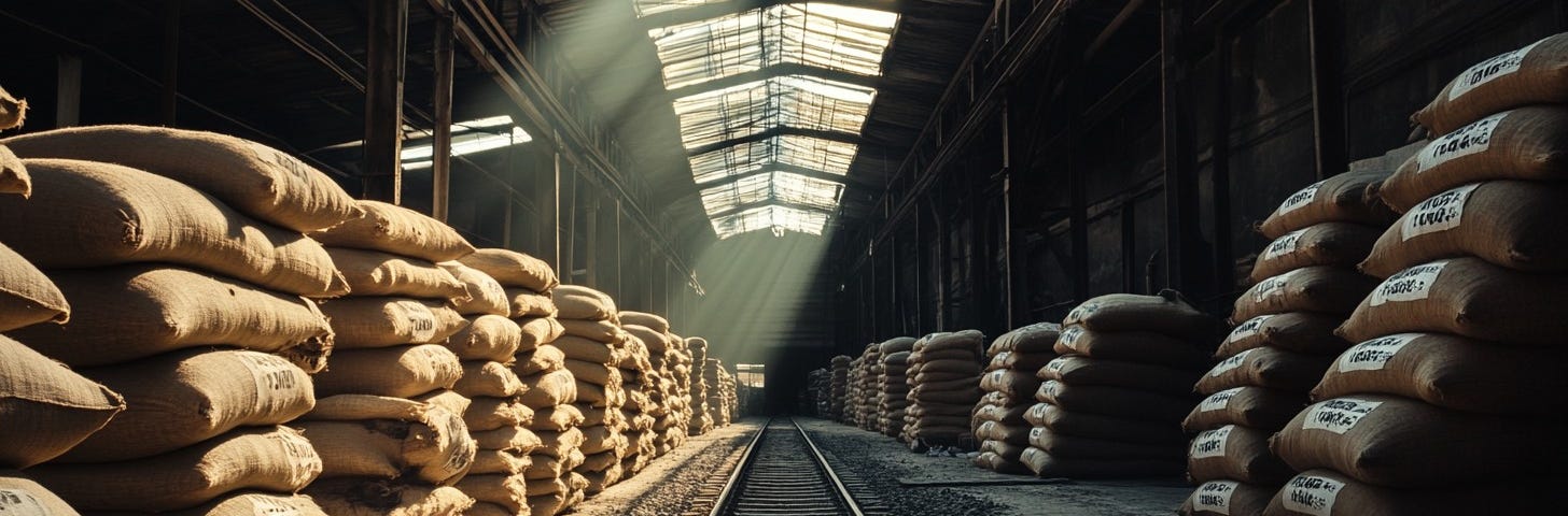 Sunlight filters through the windows of a warehouse, illuminating the railroad tracks flanked by sacks.