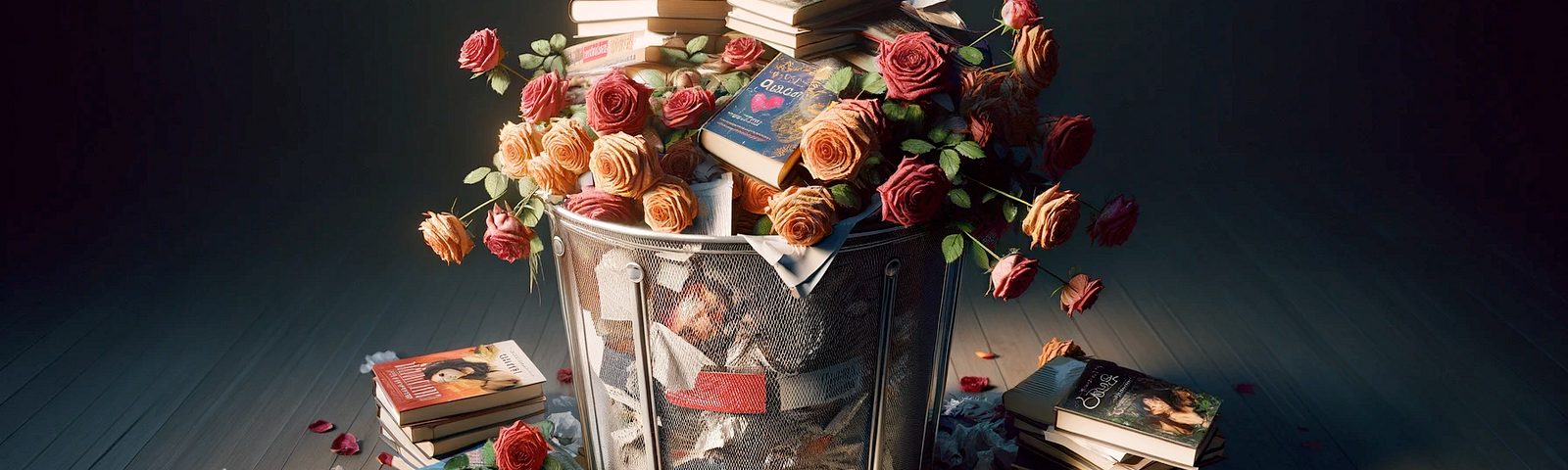 A paper bin filled with romantic books and roses.